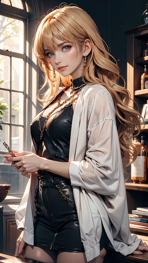 (masterpiece), ( best quality), Makima with Taylor Swift&#39;s face ( chain on handaw man),  best quality,  super detailed ,  1 girl, Alone,  standing, Red Hair,  long braided hair on a shelf  ,  golden eyes, bangs,  medium breasts,  ties, Look, smile, (ba...