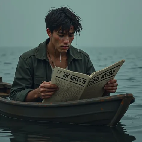 a young man in a boat denying the situation picking up a newspaper and shedding tears a lot of tears