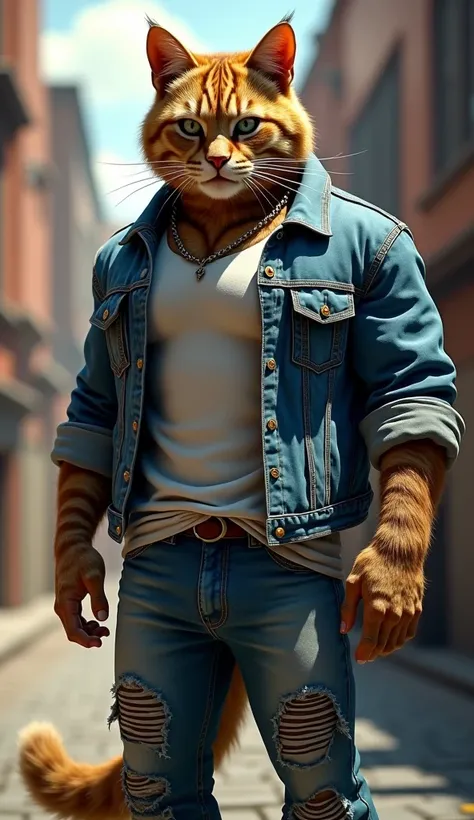 a humanoid body made of a massive cat wearing jeans, a shirt, and a denim jacket, realistic, photorealistic, highly detailed, hyper-realistic, incredibly sharp focus, ultra-detailed, 8k, beautiful fur texture, natural lighting, dynamic pose, striking expre...