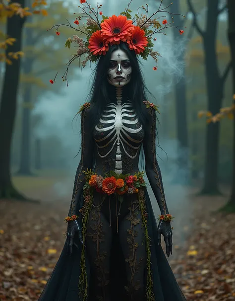 hybrid,  full body art ,  front art photograph of a young woman of extraordinary beauty, 25 years old, latina, Mexican, real details of the body , average height,  long legs,  Catrina on All Souls Day with little , In an unusual pose , Magic Smoke , ethere...