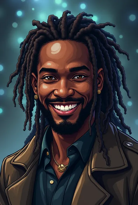 design is a black man with locs, he has dark Caramel brown eyes with a beautiful straight teeth smile and a chin strap beard. With an arcane, league of legends art style. Its for a t shirt design 