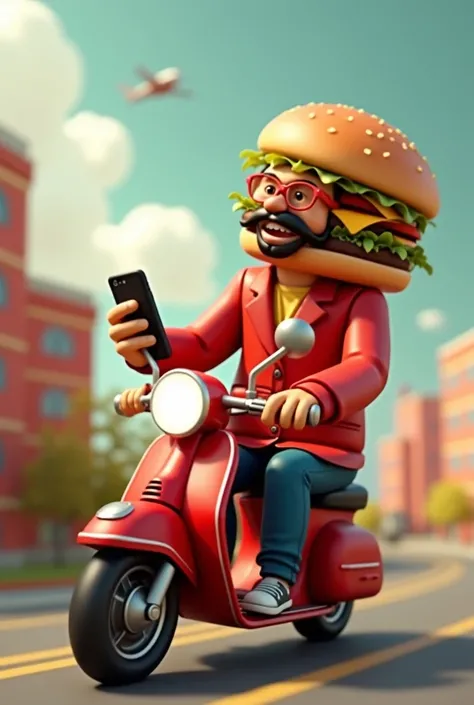  arafa on a motorcycle with a hamburger and a phone , 3d illustration, 3d illustration,  food commercial 4k , food ad, promotional rendering, Inspired by Chris LaBrooy, Commercial illustration, trend on behance 3d art, trend on behance 3d art,  Fast Food ,...