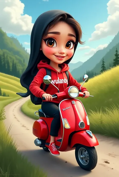 4d caricature of a 33-year-old indonesian woman driving a red vespa,  with a red hodie with wulandy writing,  black culottes , red shoes, and wears a black hijab , being on a country trip