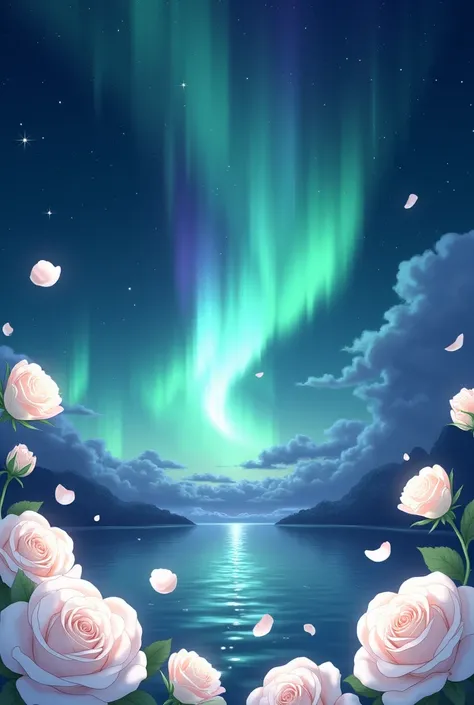 Night background with lots of stars and the Northern Lights with white roses slightly covering the image ( anime style)