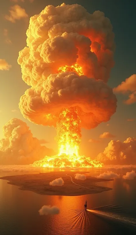 A massive nuclear explosion seen from the sky ,  with a huge mushroom cloud forming above the atoll, in shades of yellow and orange.