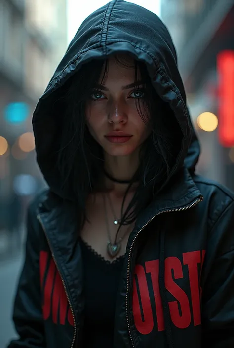 A beautiful hooded gangster girl wearing a jacket saying LUNATIK