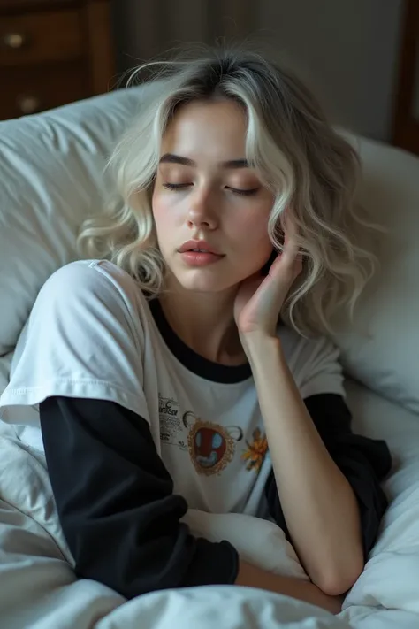 A 25-year-old woman with fair skin , messy white hair but half curled at the ends with the black tips together, Wear a white short sleeve shirt with a print in the middle and a black long sleeve shirt underneath the shirt, with a lazy expression and with s...