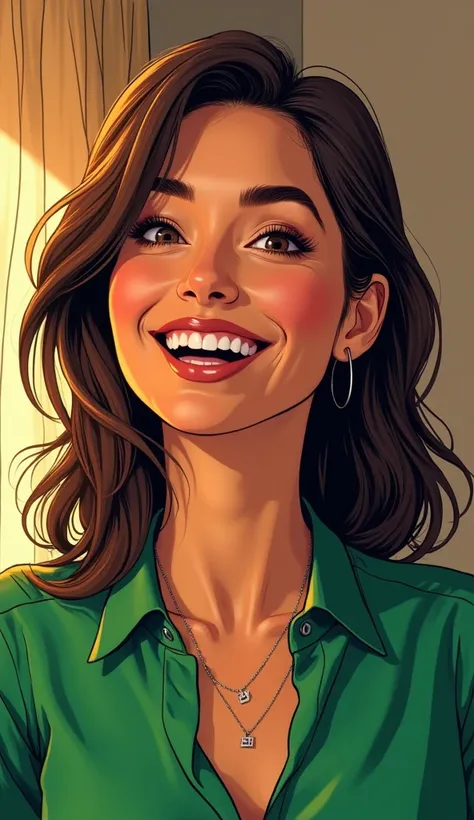 DISCREET image. with discreet casual clothes. adult image, american woman. she is celebrating the new year with a GREEN blouse.
 comic book style. IMAGES WITH VIBRANT COLORS. FOCUS ON THE FACE.