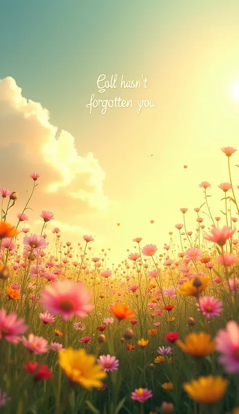 (photorealism:1.2), A field full of flowers under a clear sky with shades of gold,  and a text superimposed on the sky that says : “God hasnt forgotten you .”