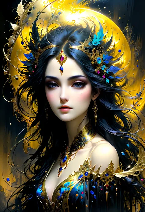 famous artwork inspired by (yoann lossel:1.4), (epic composition:1.2), oil painting with gold leaf, fairy tale from one thousand and one nights, arabian princess with silky black hair, beautiful, atmospheric, fantasy, dappled sunlight, back light, (intrica...