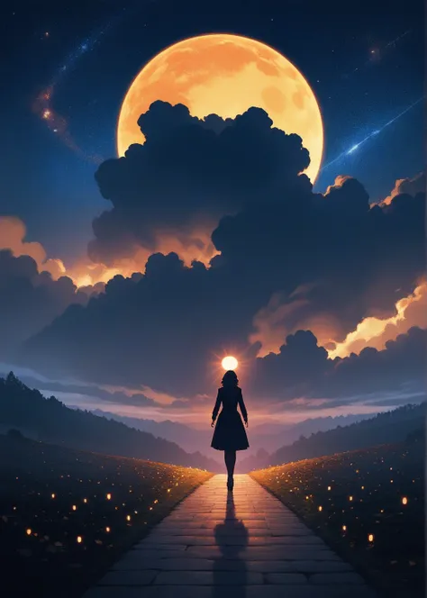 coleta,A silhouette of a beautiful young woman in black, walking confidently on a glowing golden path under a vast, starry night sky. Her figure is gracefully outlined against the horizon, creating a striking contrast with the radiant golden sun rising in ...