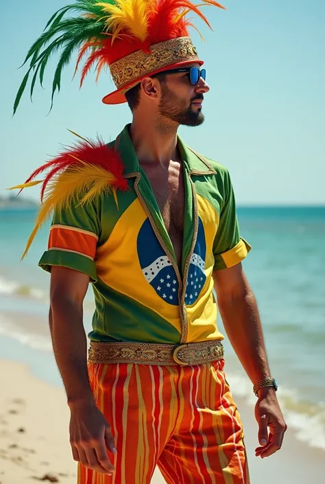  Generate a costume for men with the theme of the carnival in Brazil,That is not flashy ,that has feathers, vibrant colors, for sexist men , with the shirt closed and simpler,Less striking that he is a beach ,con pantalones cortos y una camiseta normal per...