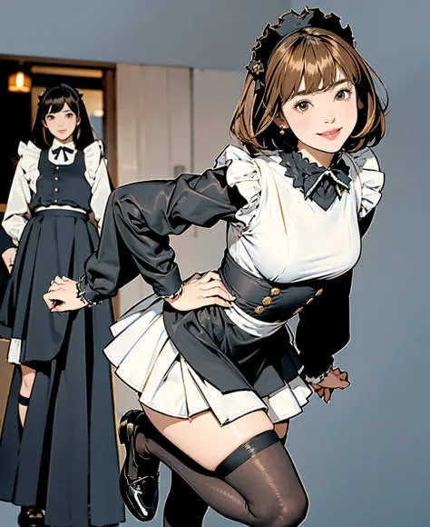 (1 girl) 、Create an " maid style cafe" scene where a beautiful dark gray-eyed Japanese young highschool girl .gold color highlight hair,ash brown color hair,(bangs,straight  hairstyle)、 Flat Color
BRAKE
 、breast size D cup、太もも、 (plump skin:0.8),1 girl, alo...