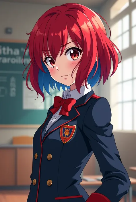 My Hero Academia animation style girl red hair with a blue tuft in the background of my Hero Academia classroom and UA uniform