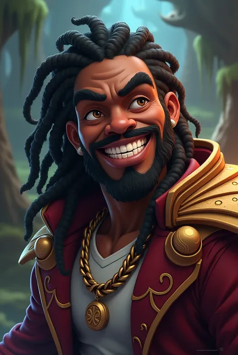 (3d game, cartoon), black man with long locs, he has dark Caramel brown eyes with a beautiful straight teeth smile and a chin strap beard. With an arcane, league of legends art style. Its for a t shirt design so make him look cool 