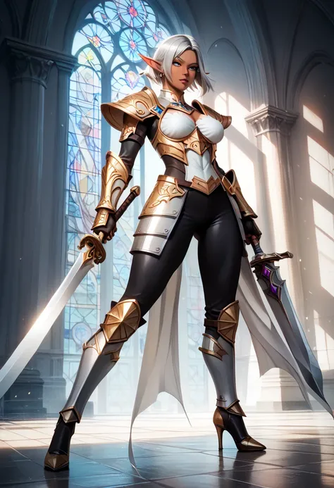 An illustration of two female knights fighting a fierce battle on An arena. The two exchange swords with each other, and clash with each other. BREAK(full shot:1.2),(long shot:1.6),supermodel full-body, BREAK 1girl, mature female dark elf,elf ears,shiny_sk...