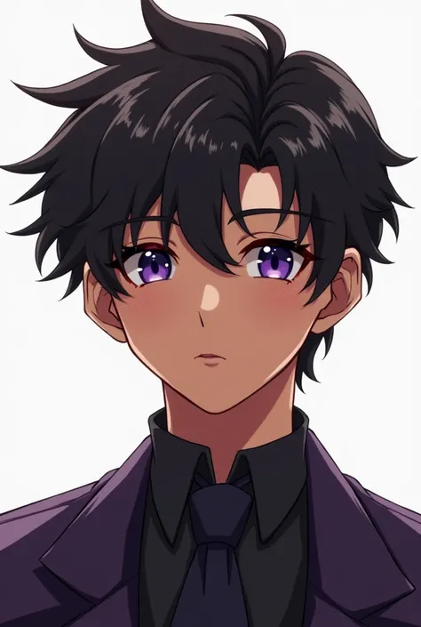 A 17-year-old male anime character with purple eyes, black hair and brown skin. 