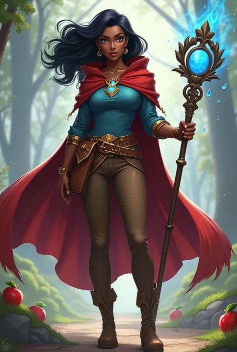  Woman who looks like the character Kora from avatar, Black woman with hair like that of Korra from avatar ,  she wears brown boots brown pants and blue blouse ,  she wears a red cape with a hood and has a staff with a blue stone on the tip, She has a belt...