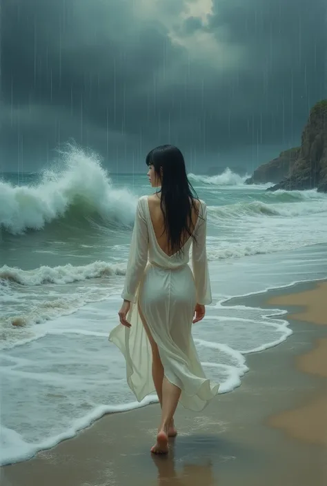  A painting depicts a Chinese woman walking by the beach in heavy rain. She wears a thin white satin shirt .. his clothes are wet