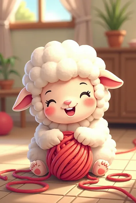  image of a cute cartoon sheep unraveling a ball of yarn, happy in the process ,  the wide 