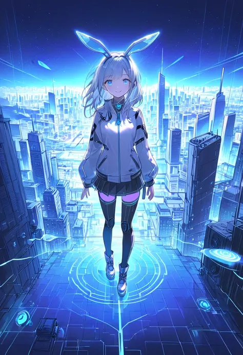 Masterpiece, high quality, high resolution, 16K, Makoto Shinkai illustration, detail, hyperrealistic, digital painting, cyberpunk, science fiction, one petite girl, Gradient from white to blue, with holographic, glowing, semi-transparent tips. Semi-long ha...