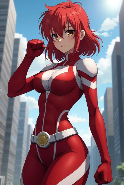  My Hero Academia Style ,   anime girl , woman, young woman ,  full body shot ,( Fighting Stance :1.3),Long Hair, Red Hair,   Brown Eyes , hero suit, Full Body Suit,  red suit with white details, perfect anatomy,  enhanced abs , super detailed,(building:1....