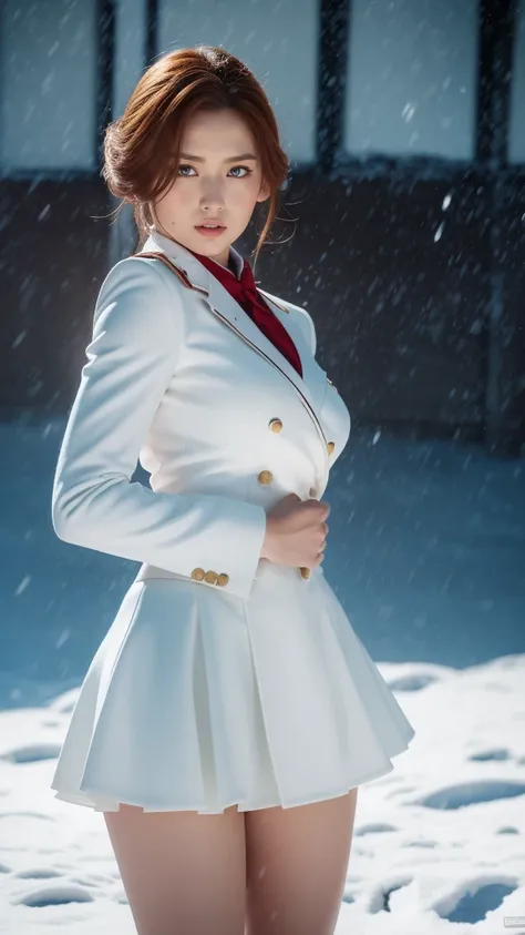 Sexy facial expressions,Detailed Faces,Sexy poses, ((Female soldier ))，(((Wild snow)))，((Masterpiece:1.2, Best quality)),Movie,offcial art,promotional art,movie wallpapers,（Red hair.）, （White suit mini dress，Double-breasted style，White pleated skirt hem）,U...