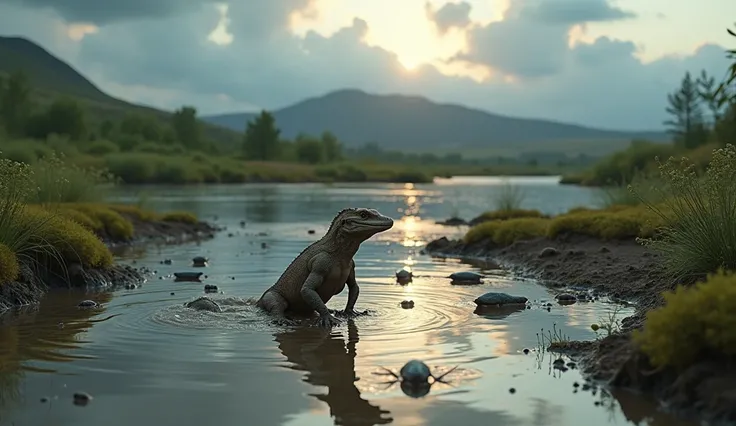 "} A primal scene that captures the transition from aquatic to terrestrial beings . In the foreground, we see a primitive lizard fish emerging from the shallow waters of a lake or river,  with their front legs firmly planted in the muddy soil . Behind them...