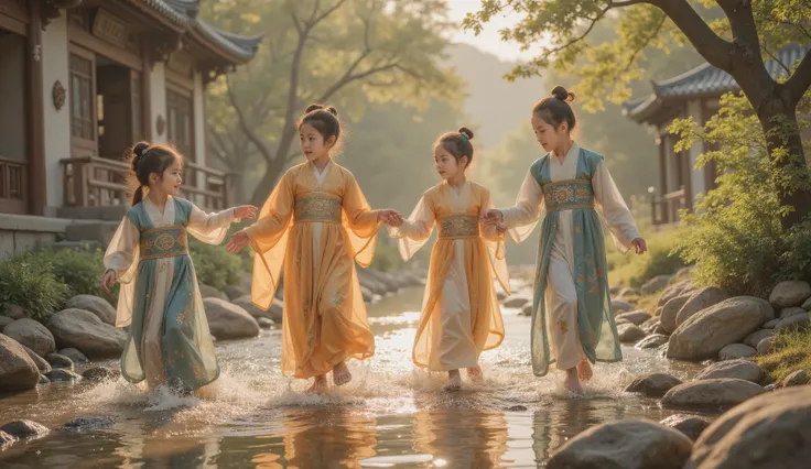 Tang Dynasty,The camera moves slowly, A group of girls and boys are playing by the small river at the head of the village,They are wearing Hanfu , the sun shines on them 。