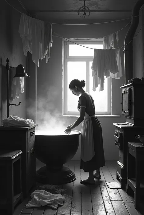 A black and white image of a 1900s laundry room