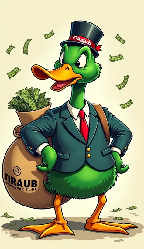 " Illustration of a green duck gubernatorial candidate wearing formal attire with a peci reading Cagub,  carrying a big sack that says Campaign Fund .  The sack is seen to be spending a lot of money scattering .  His expression is cunning and greedy . On t...