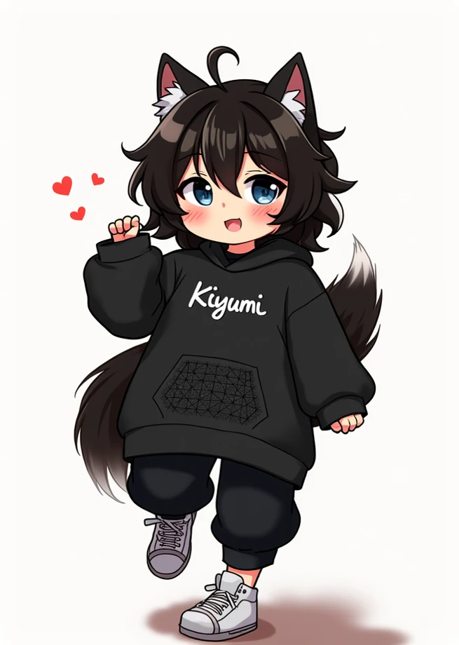 wolf girl, black hair,big black sweatshirt, half fishnet,kawaii, cartoon features ,anime,smile,cute pose, on the sweatshirt is written  "Kiyumi ", chibi