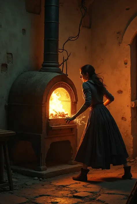 Maria a  shoving a witch inside an old oven, with intense flames coming out and horrible shadows writhing on the vertical wall 