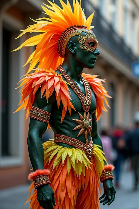 Genera un vestuario para hombre not exaggerated que tenga plumas y colores para una presentación del carnaval de Brasil que se playero,simple,not exaggerated,LESS EXAGGERATED