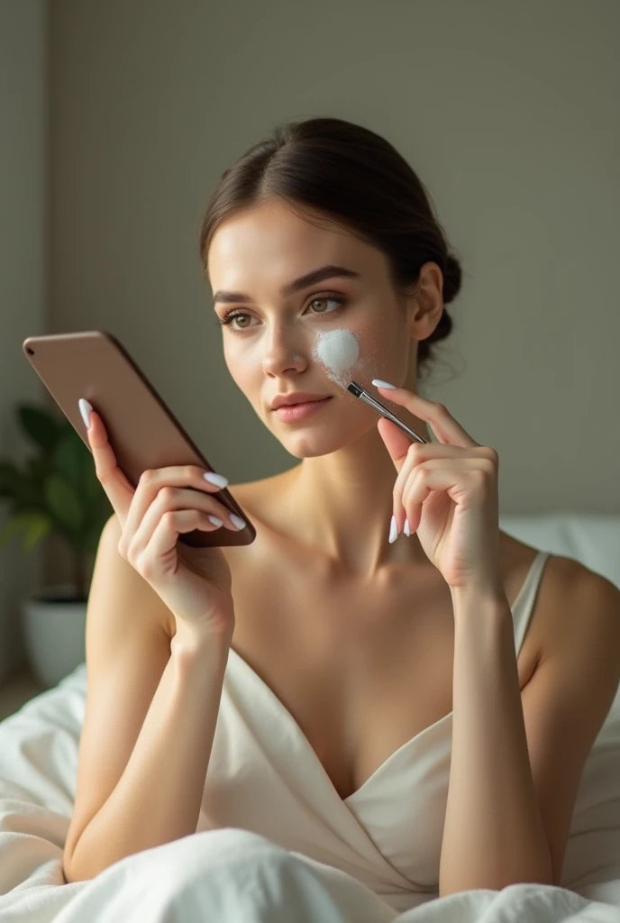 Beautiful woman looking at the mirror and taking self-care with a facial equipment