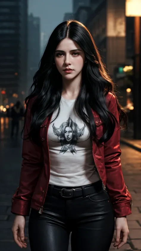   ultra quality,    Woman similar to Yennefer from The Wicther,  long curly hair ,  red eyes , casual clothes, like t-shirt and jacket  ,  pretty woman,  expression of insanity , She frowned  , anger,   perfect body,   Bloodstained face ,  Night city backg...