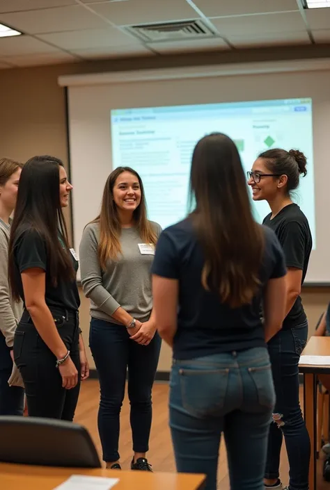  Group of 4 20-year-old girls are at a conference of invited teachers to learn about innovation .
 You find a teacher commenting on your problem with a partner ,  says explaining that their class is not what they would like because the projector usually fa...