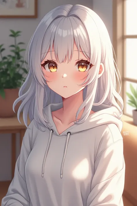 Make a simple anime 2D art style of an anime girl, make sure the background is a simple living room as well.

Make sure she looks like: Has a very pretty and cute face, long wavy white hair that has volume, long side bangs and bangs, has pale skin, golden ...