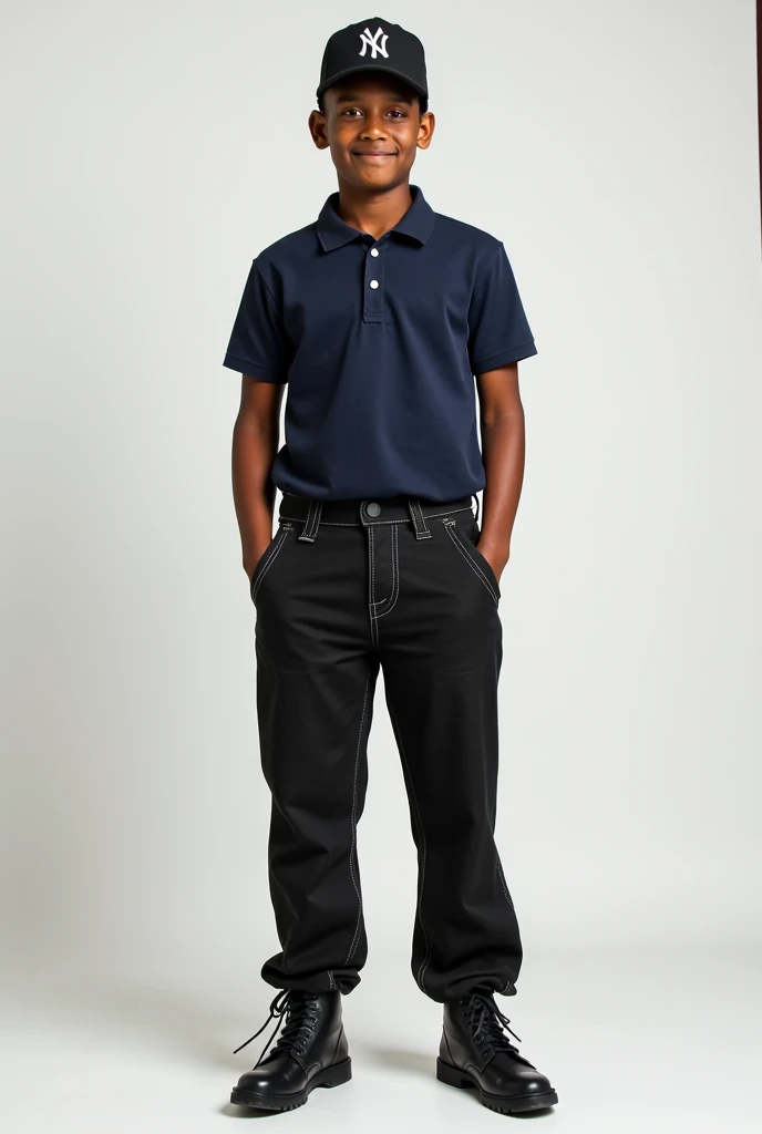 Image of a young Papua New Guinean man in formal dressing code wearing short hand polo dark blue shirt with long black jeans and a black NY cap. He is also wearing a black boot