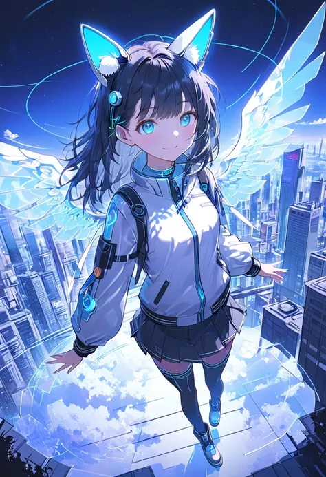 Masterpiece, high quality, high resolution, 16K, Makoto Shinkai illustration, detail, hyperrealistic, digital painting, cyberpunk, science fiction, one petite girl, Gradient from white to blue, with holographic, glowing, semi-transparent tips. Semi-long ha...