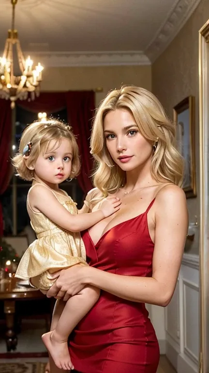 ( a pretty woman,  50 years old, com   blonde hair and face with soft European features   , wearing a short red dress ) , (alongside her daughter  ,  A 17-year-old teenage girl,    blonde hair and face with soft European features   ,  wearing a short, low-...