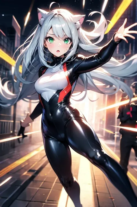 A beautiful girl with silver cat ears, green eyes, silver hair, long hair, black and white battle suit that fits her body perfectly, the background is the night city, the age is 14, dark night, sweat, steam from exhalation, dynamic angles, dynamic action p...