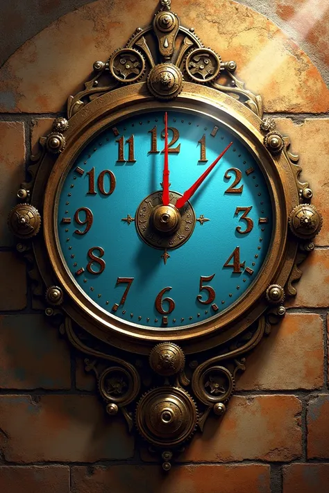 " Steampunk analog wall clock ,  bronze body with visible gears ,  numbers from 1 to 24 in Gothic style , engraved on metal .  Dials in blue and pointers in red ,  with luminescence effect .  Background with aged leather texture ,  with a map of the ancien...