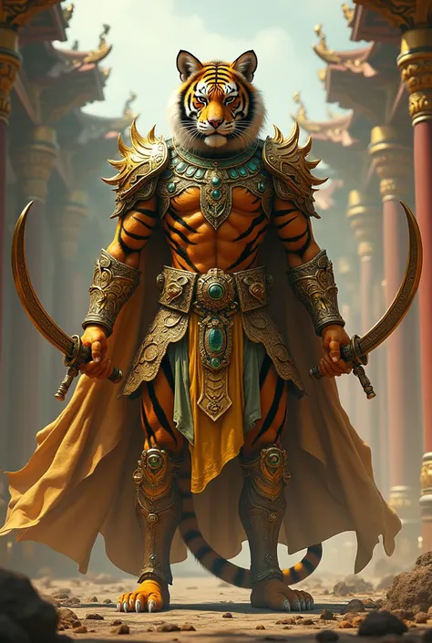 A regal tiger warrior adorned with gold and emeralds, wielding dual curved swords