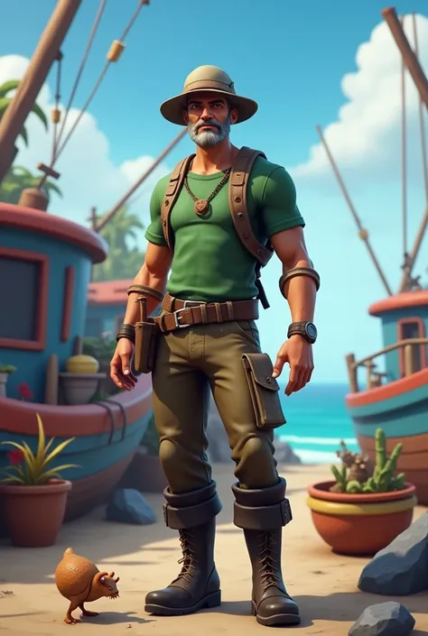  create a Fortnite game-style image of a man who wears a wool hat,  a worn green t-shirt  , high boots for fishermen . The man is 50 years old, his hair is gray and he has a mustache  . Your body build is slim