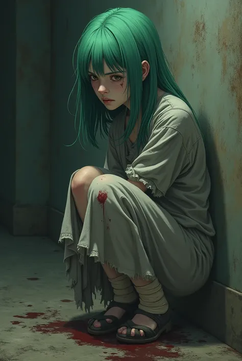  old girl,  green hair,  pale skin ,  cup with a long gray shabby shirt that reaches her legs,  Bloodstains ,  bandages on the legs ,  without pants , with worn shoes ,  she is D ,BESTILO anime  