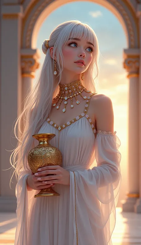 A beautiful and enchanting anime-style illustration depicts a captivating and stunning girl with fair skin, gray-blue eyes, and long silver-white hair. She is dressed in a flowing white gown and adorned with a golden necklace embedded with various gemstone...