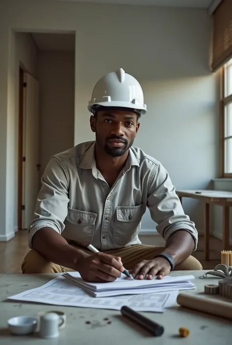  full body photo of a black architect wearing a white helmet, young, informal inside an apartment in gray work 