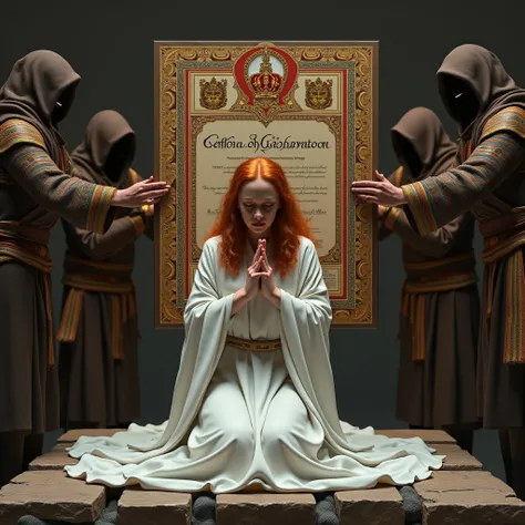 (photorealism:1.2), 19 year old Queen Elizabeth the First, ginger hair, wrapped in a white sheet, crying, kneeling, praying, kneeling on a stone altar. Men wearing aztec robes nail a large fancy royal coronation certificate with red and gold decoration to ...