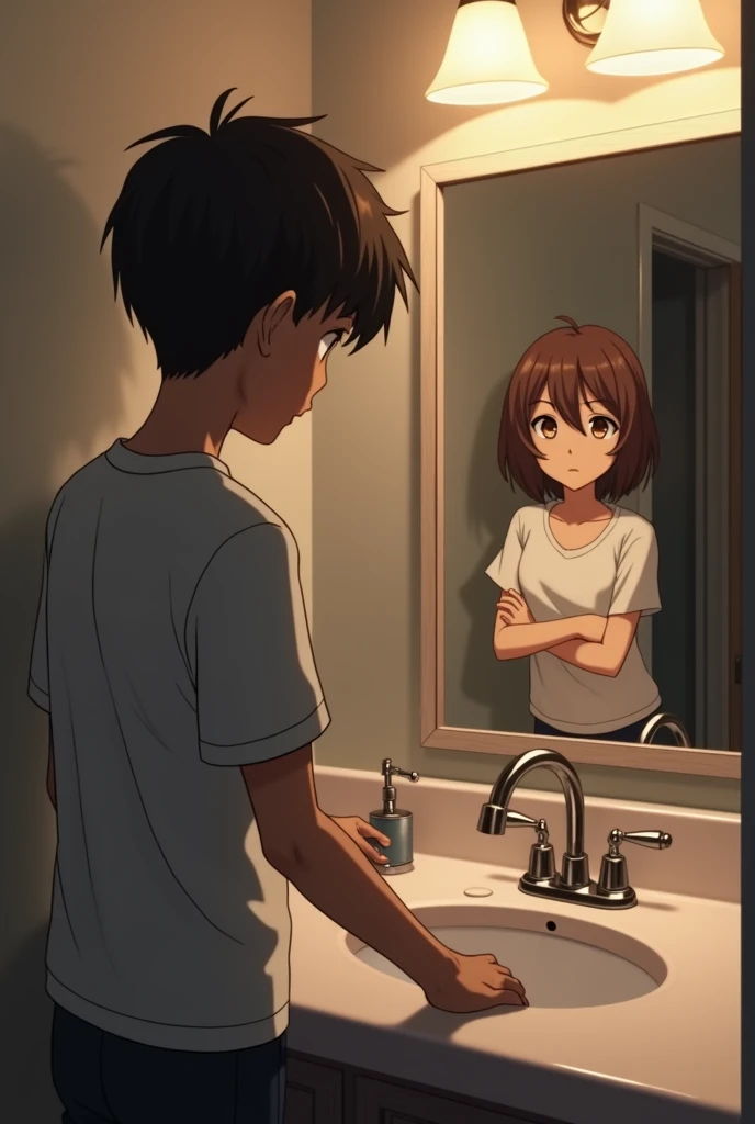 Adult anime boy with black skin with military cut turning off the faucet in a bathroom sink while an anime Caucasian teenage girl with brown hair and brown eyes turning off the lights in the same bathroom 